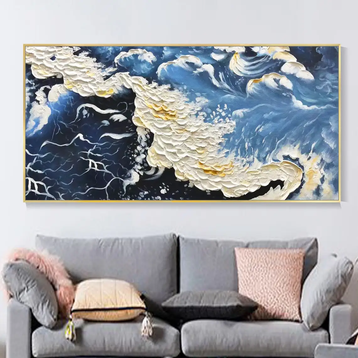 Large Blue Sea Hand Painted Texture White Waves Oil Painting Wall Cobalt Blue Seascape Wall Art Modern Landscape Home Decoration