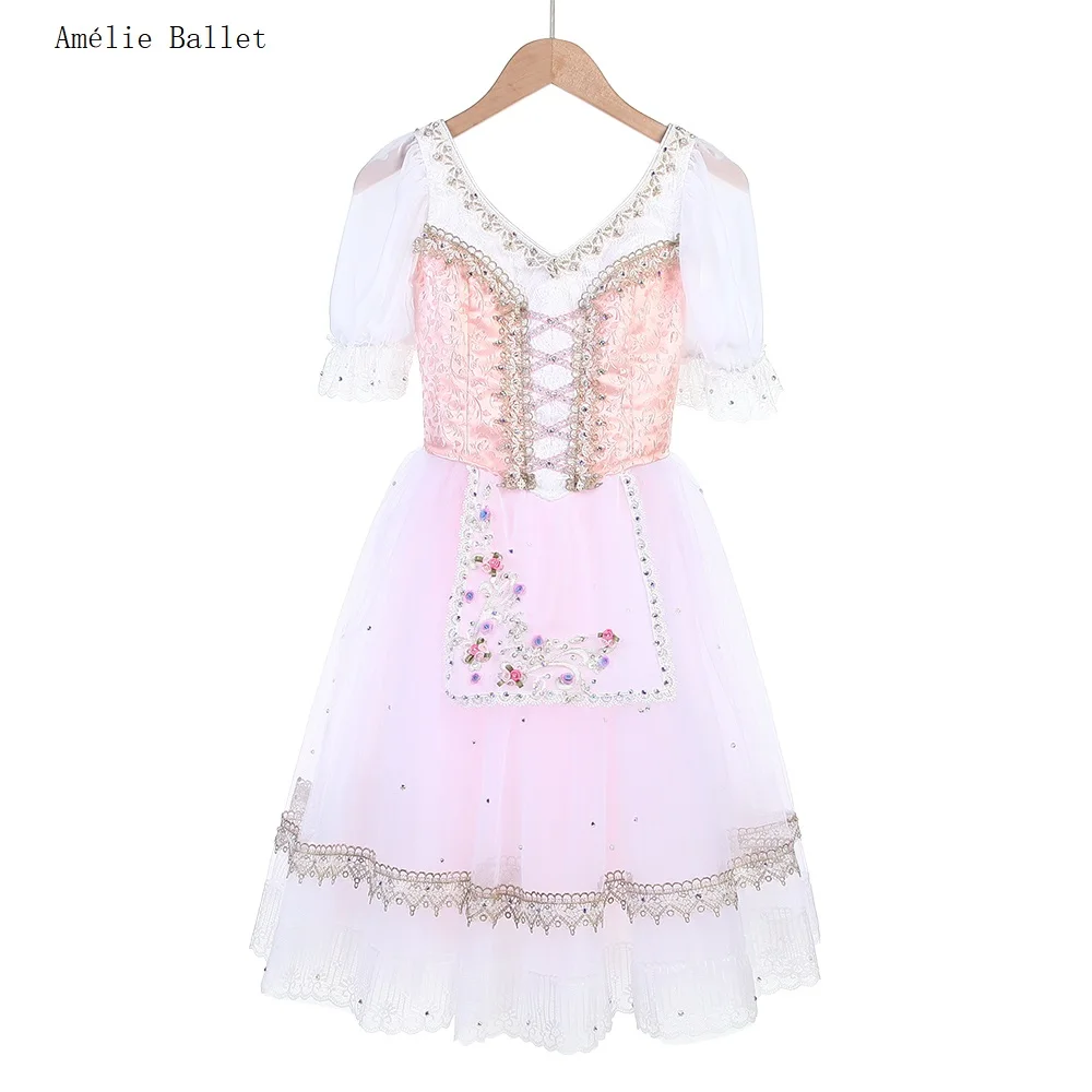 B24023 Customized Short Sleeves Pink Professional Ballet Tutu Girls & Women Performance or Competition Romantic Ballet Tutu