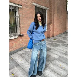 Calças jeans largas retrô de perna larga feminina, Harajuku Vintage, cintura alta, calça azul solta, calça casual, estética grunge dos anos 2000, 2024