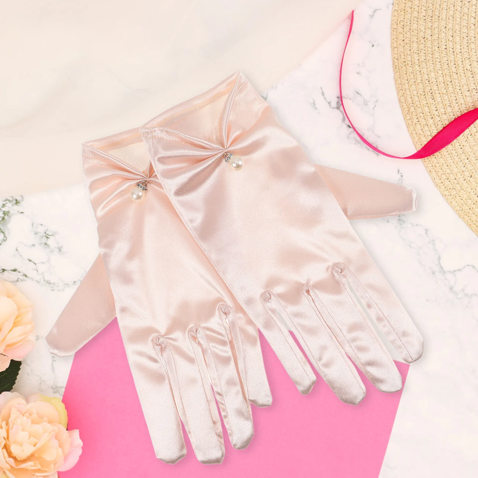 1 زوج قفازات العروس قصيرة الساتان اللؤلؤ مزين أنيقة حفل زفاف مأدبة رسمية فستان الإكسسوارات النساء قفازات الساتان قصيرة #3