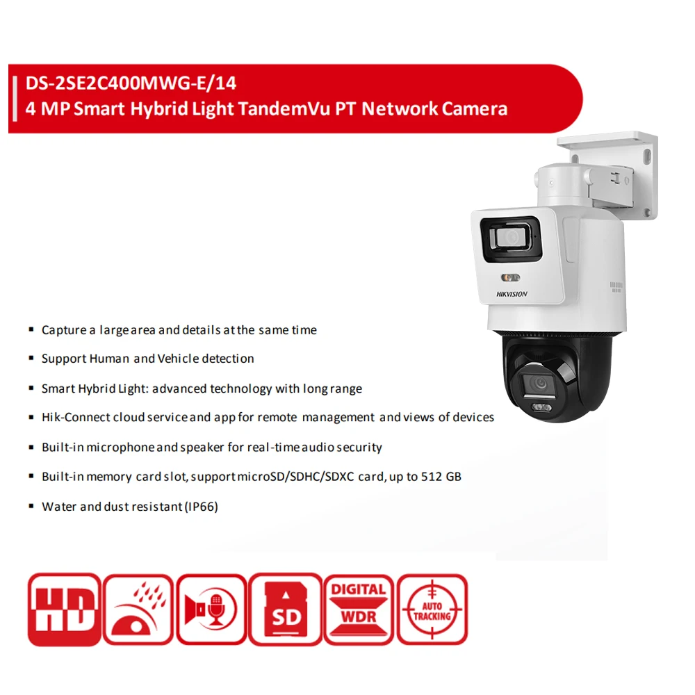 Hikvision PT Camera 4MP DS-2SE2C400MWG-E/14 Smart Hybrid-light Human Detection TandemVu 4MP+4MP POE Camera Built-in Mic Speaker