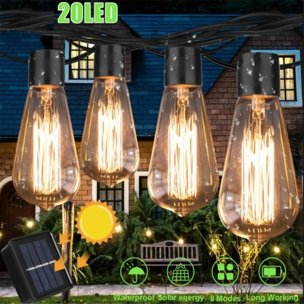 Lâmpada impermeável Edison, Lâmpada de decoração do jardim, Solar, 20 luzes LED String, 8 modos, ao ar livre, Ip43, 5m