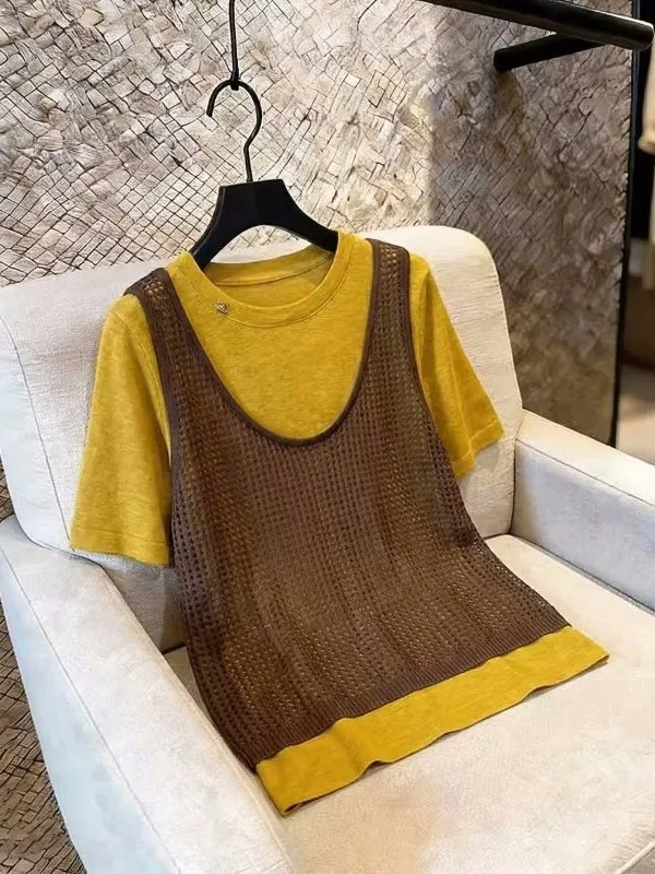 Summer 2026 plus Size Knitted Vest And T-Shirt Set Pumpkin Orange Short Sleeve Layering Top Korean Style Loose Fit Commute Wear
