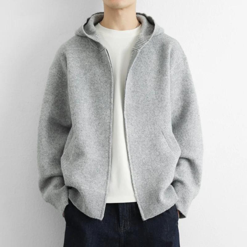 

High-End Knitted Open Cardigan Men's Autumn Winter Loose Fit Hooded Jaet Double Zipper Woolen Faion Urban Sle Clothing