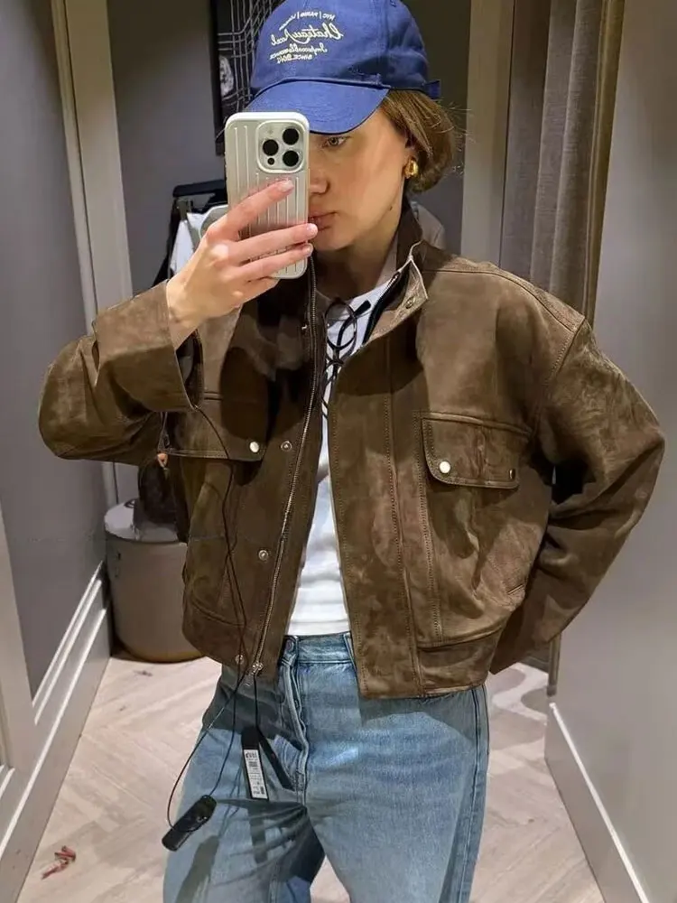 

HH женская осень 2025 г., винтажная замшевая куртка-бомбер, водолазка с длинным рукавом, однотонное пальто на молнии, женская повседневная верхняя одежда, уличные пальто