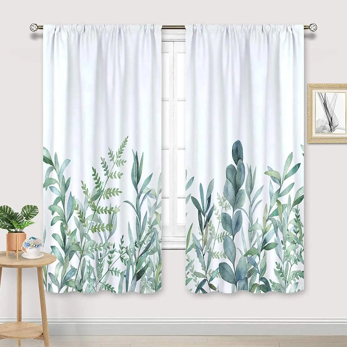 

Lant Green Leaves Digital Printing Window Curtains, Botanical Branch, Wild Flower, 3D, Bedroom, Living Room, 2 Panels