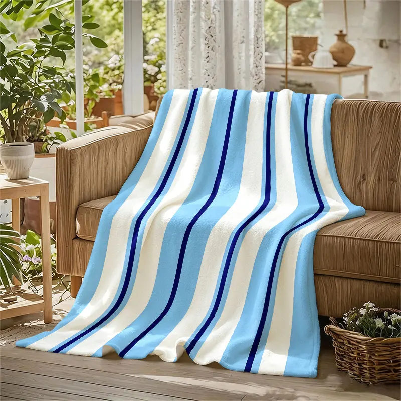 Blue White Stripes Narrow Flannel Blanket Perfect for Sofa Office Bed Travel Sleep Read Relax Camping Four Season Use