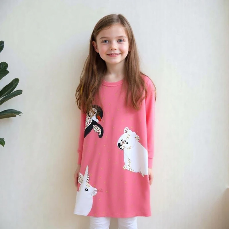 Little Maven Kinderkleidung Herbst Baumwolle Mädchen Langarm Kleider Tier Pinguin Eisbär Stickerei Kinder Freizeitkleider
