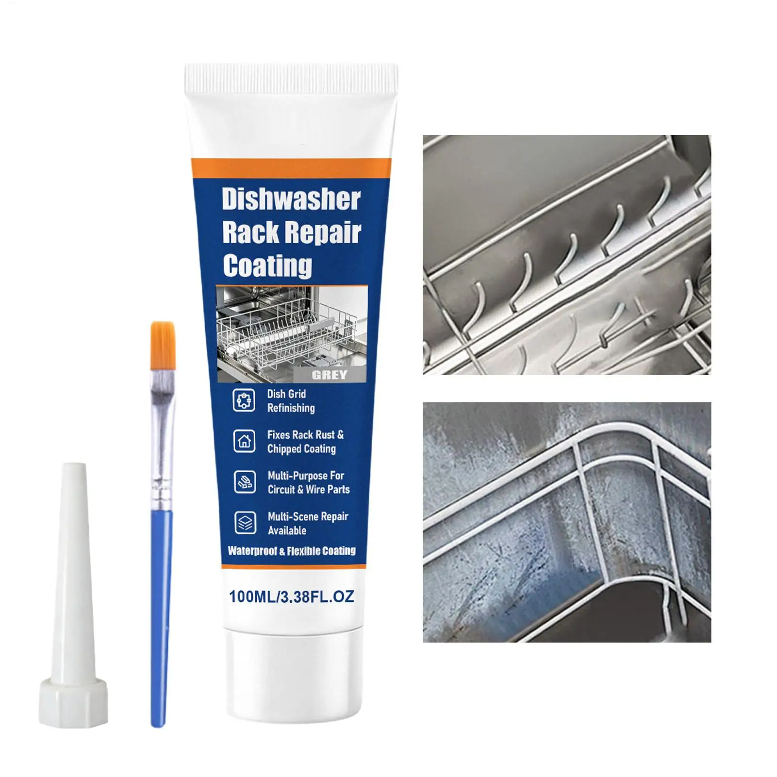 Dishwasher Rack Repair Kit 100ml Gray Waterproof Anti-Rust Adhesive Coating with Brush Vinyl Paint for Kitchen Rack Restoration