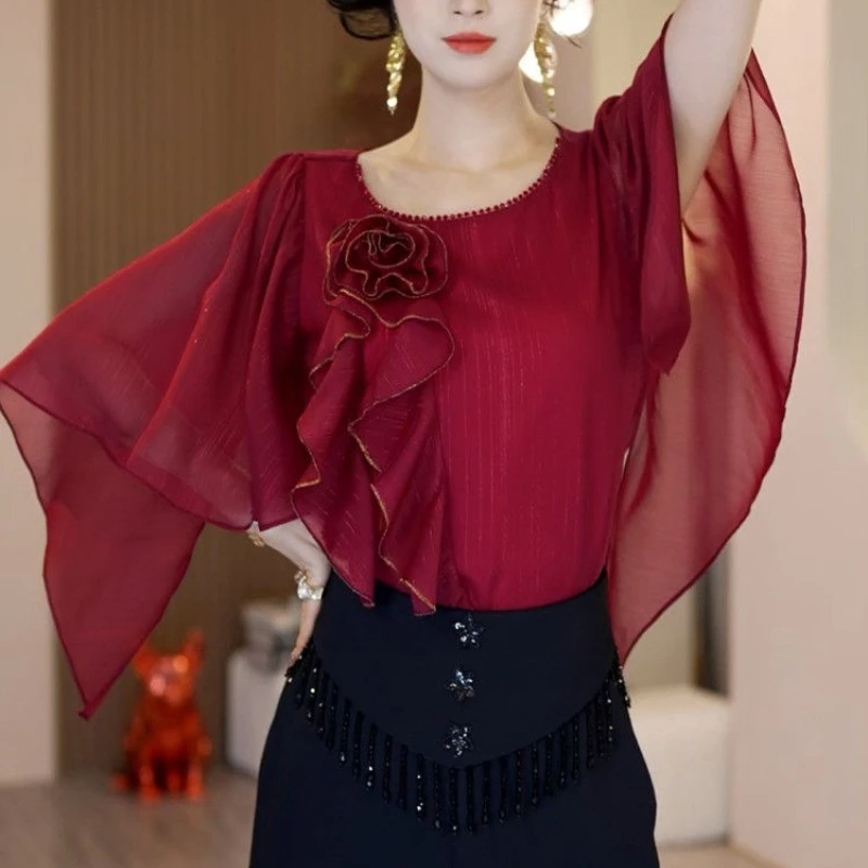 

Элегантная летняя рубашка знаменитостей, новая модная летняя рубашка с круглым вырезом и трехмерным цветочным темпераментом для похудения