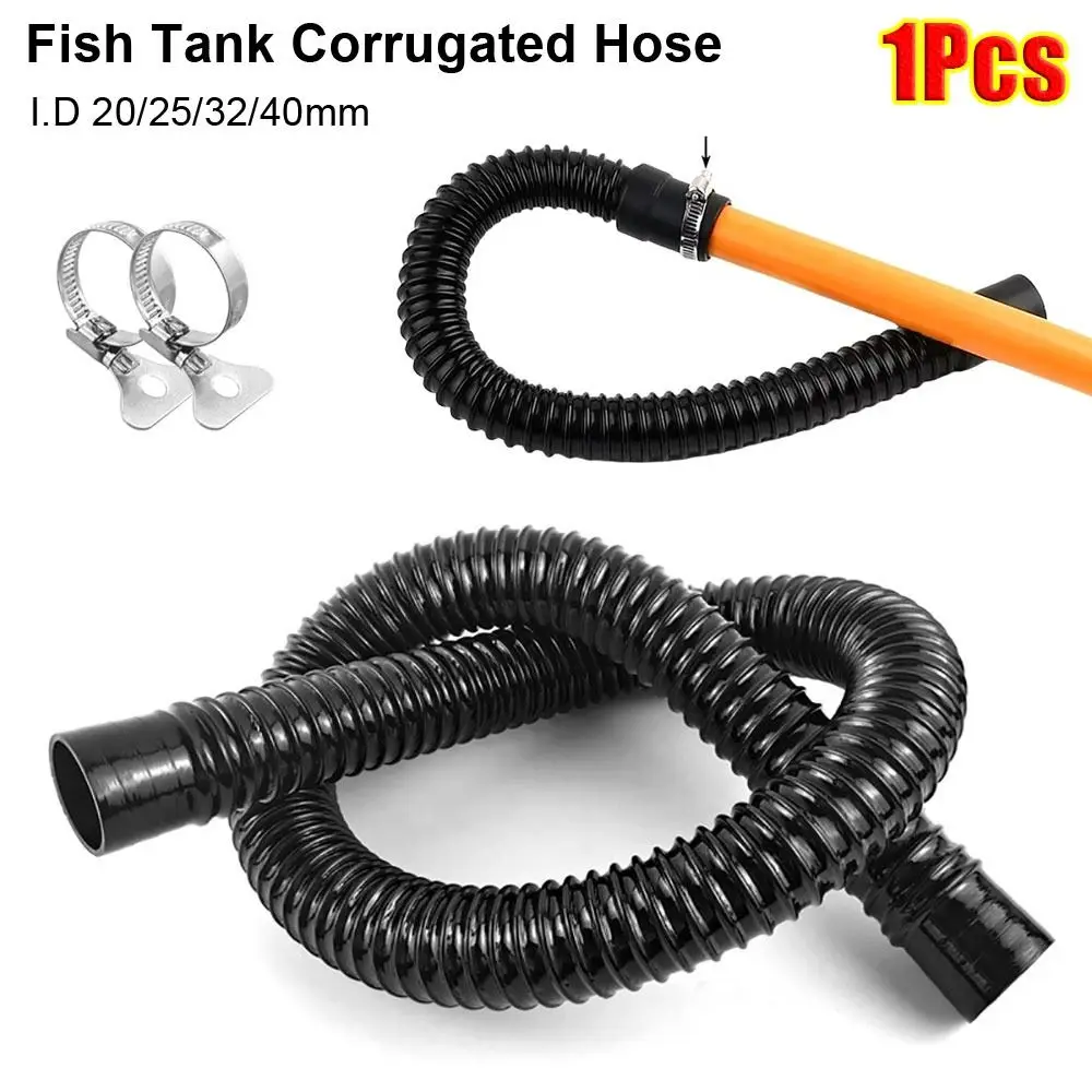 1Pcs I.D 20/25/32/40mm Corrugated Hose Inlet Outlet Hose Rubber Head Aquarium Corrugated Pipe with Clamps Soft Fish Tank Tube