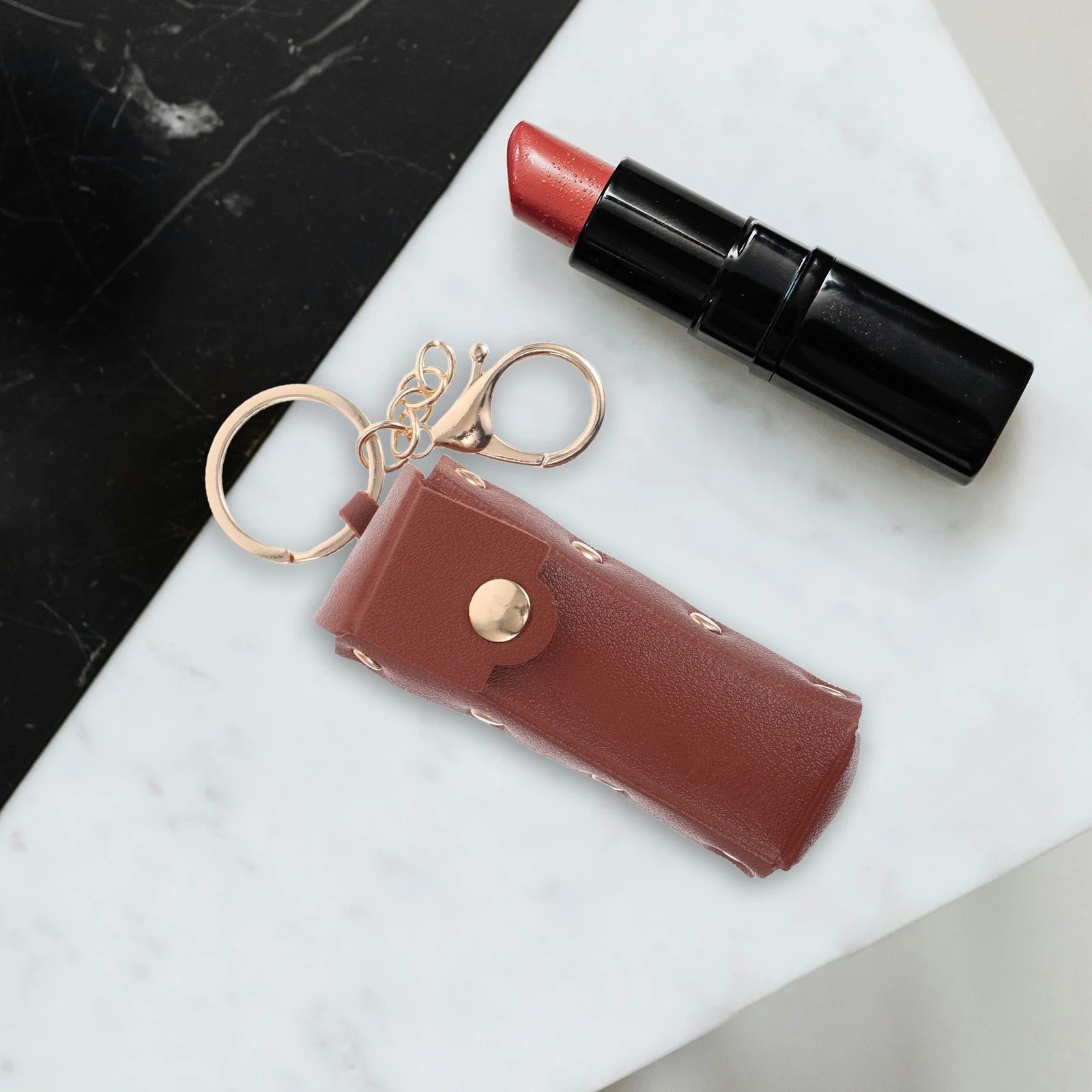 

Lipstick Protective Case Keychain Holder Bag Gloss Cover Keyring PU Mini Purse Portable Sleeve ganizer For Lip Balm Brown