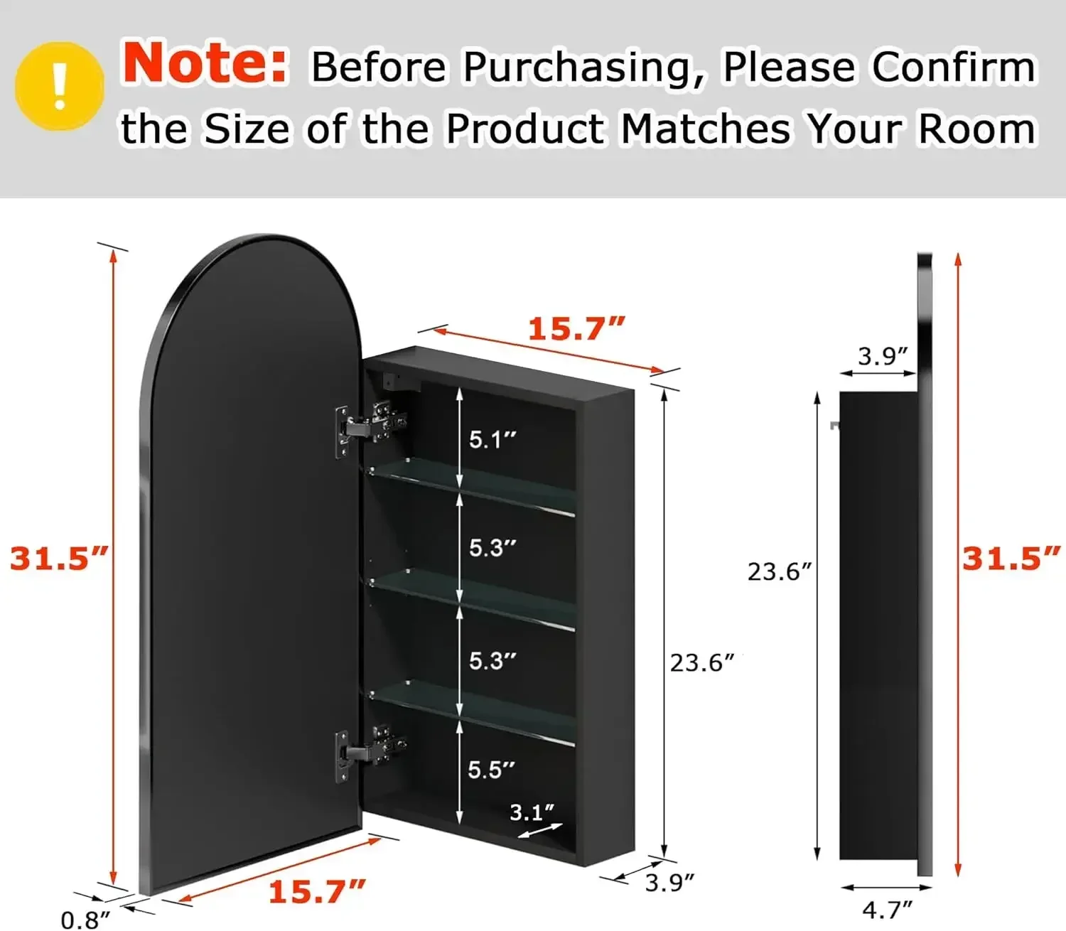 Cost-effective Arched Black Bathroom Medicine Cabinet with Mirror, Left or Right Opening, Bathroom Vanity Mirrors with Storage,