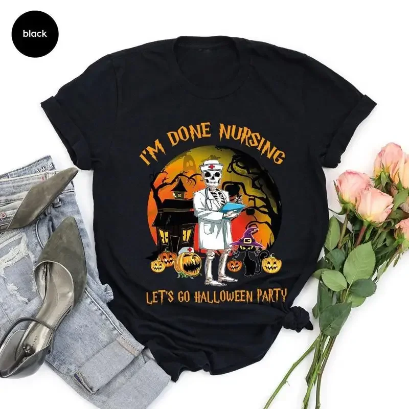 Camiseta divertida de enfermera esqueleto, linda camiseta de Halloween para RN, para fiesta médica en el hospital, para turnos nocturnos