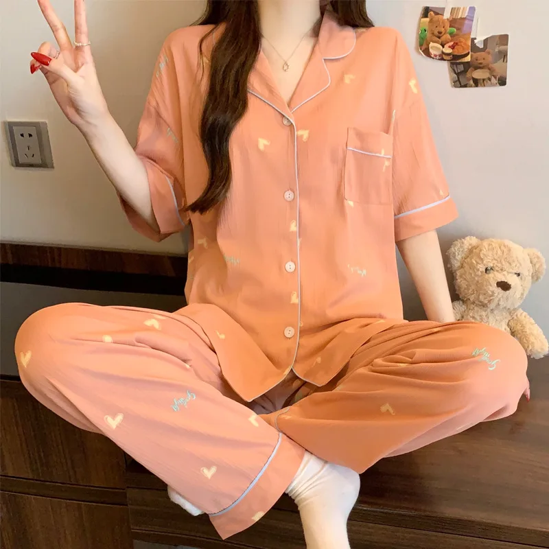 New Arrival Women's Instagram-Worthy Heart-Print Pyjamas Summer Luxury Short-Sleeved Top and Long Trousers Casual Loungewear Set view 2