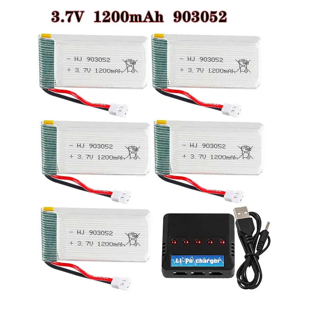 5pcs/lot 3.7V 1200mAh 903052 Lipo Battery XH2.54 Plug and Lipo Charger For Syma X5SW X5SC X5C JJRC H5P RC Drone Quadcopter Parts