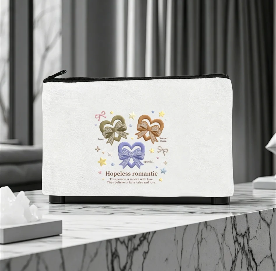 1PC Bow Heart Star Hopeless Romantic Print Canvas Cosmetic Bag Zipper Makeup Storage Romantic Gift