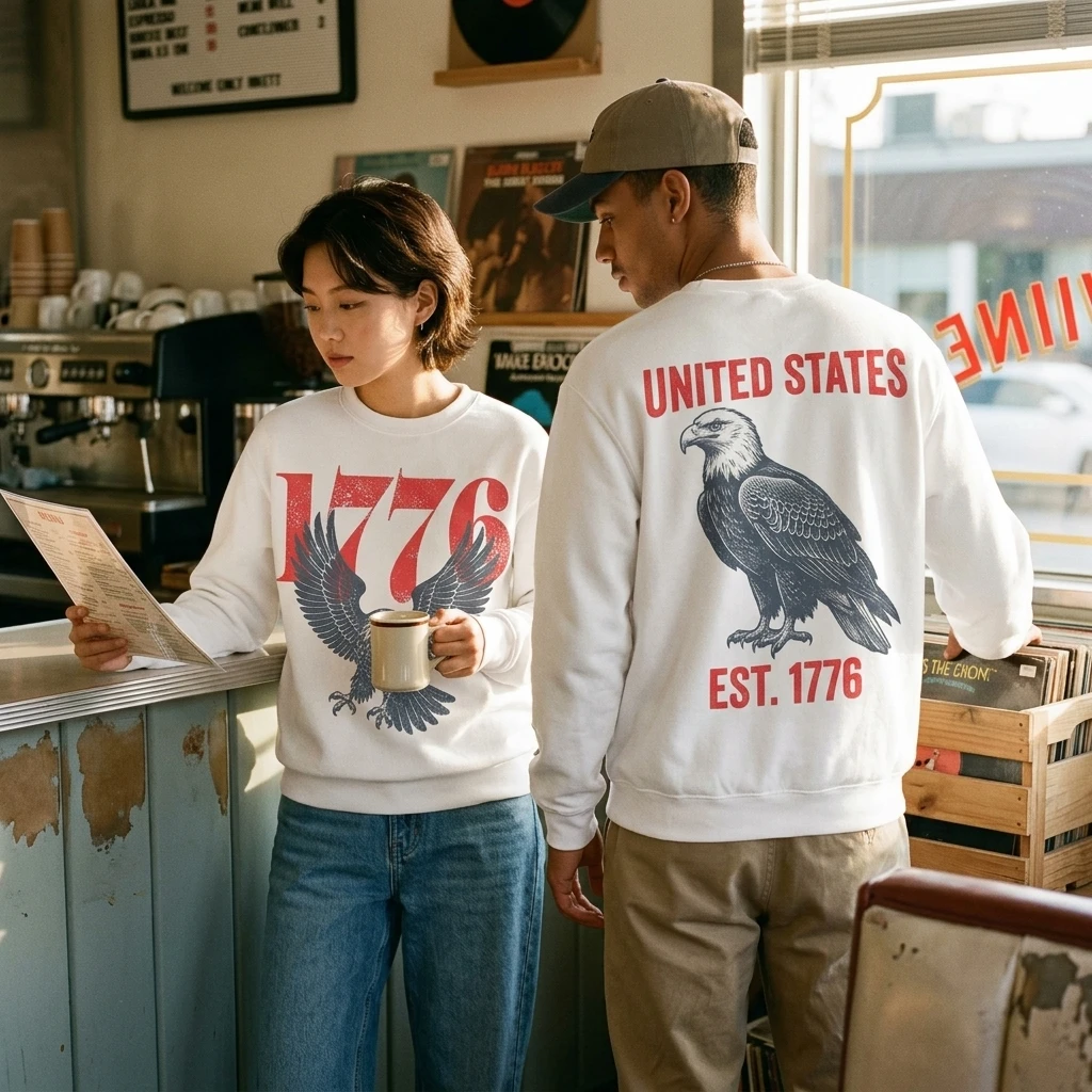 Vintage American Eagle 1776 Print Parent-Child Long Sleeve Crewneck Sweatshirt Casual Independence Day 4th of July Tops Streetwe