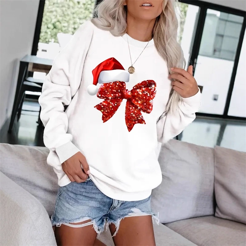 Christmas Bow Print T-Shirt Women European Style Loose Sweatshirt Christmas Tee Santa Hat Graphic Short Sleeve Top Men Women New