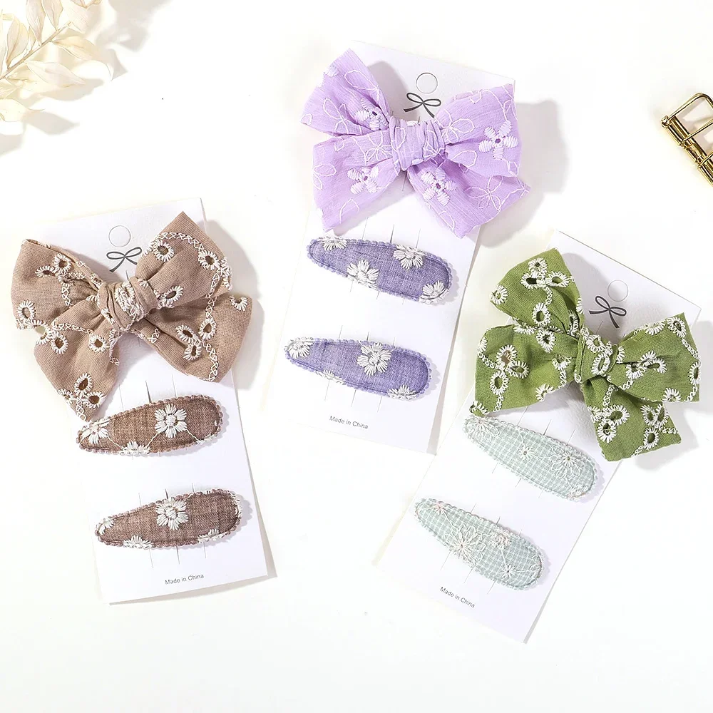 3Pcs/Set Girls Embroidery Flower Kids Bows Hair Clips Children BB Hairpins Geometric Sweet Hair Accessories Cotton Barrettes