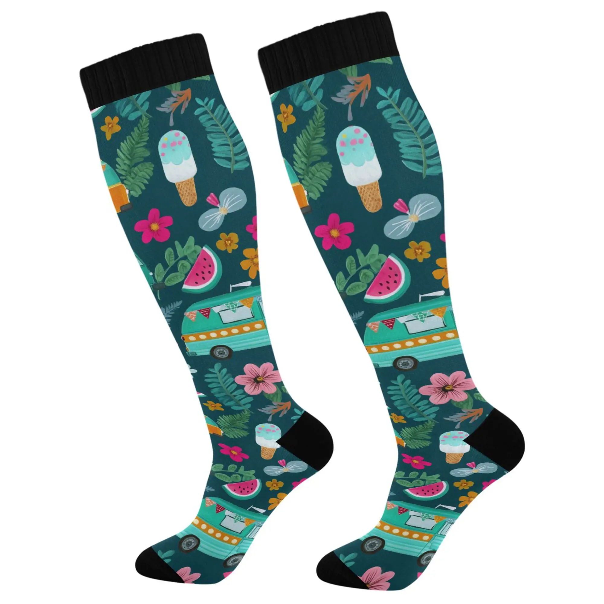 Womens Knee High Socks Casual Long Thick Travel Daily Wear, 1 Pair, Green Vibrant Truck Pattern