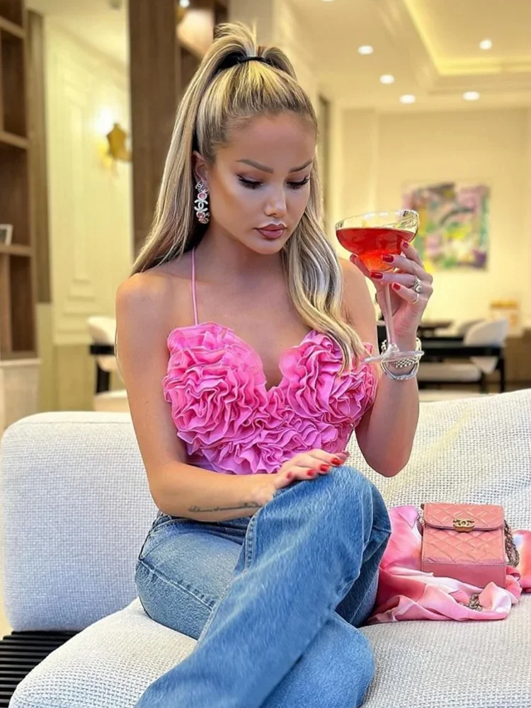 2024 New Summer Sleeveless Camisole Female Sexy Street Ladies Suspender TopFashion 3D Sweet Heart Sling Cropped Tops For Women