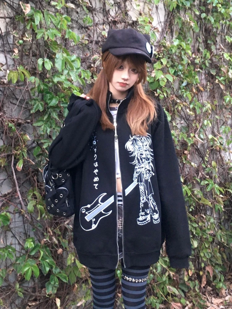 Japanese Cartoon Print Hoodies Harajuku Vintage Double Zipper Jacket Kawaii Sweatshirt Grunge Casual Streetwear Y2k Aesthetic