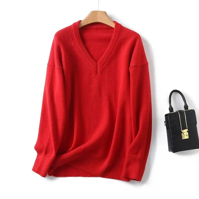 Tangada 2024 Women V Neck Red Oversized Sweaters Long Sleeve Female Jumper 4C008