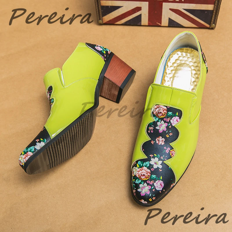 Men's Trendy High Heel Formal Shoes British Style Flower Print Patent Leather Pointed Toe Loafers Fashion Party Nightclub Shoes