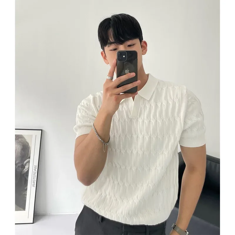 

Knit Polo Short Sleeve Men's Clothing Solid Color Lapel Korean Style Half Sleeve Breathable Casual Blouse White Top Men T-shirt