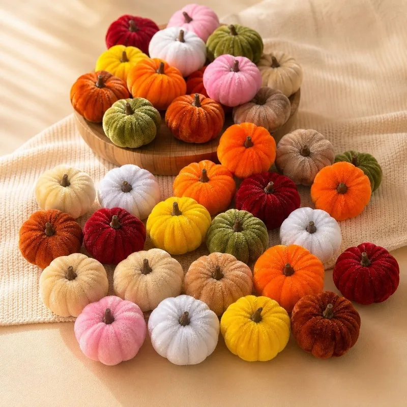 60PCS/5SET Mixed Colors Gift Pack Flocked Texture Soft Velvet Fall Harvest Fabric Pumpkin Halloween Decor Mini Table Ornament