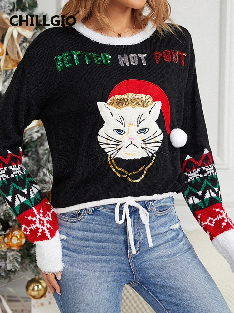 CHILLGIO Women Sequined Cat Christmas Knitted Sweater Fashion Long Sleeves O Neck Party Vintage Elastic Winter Warm Pullovers