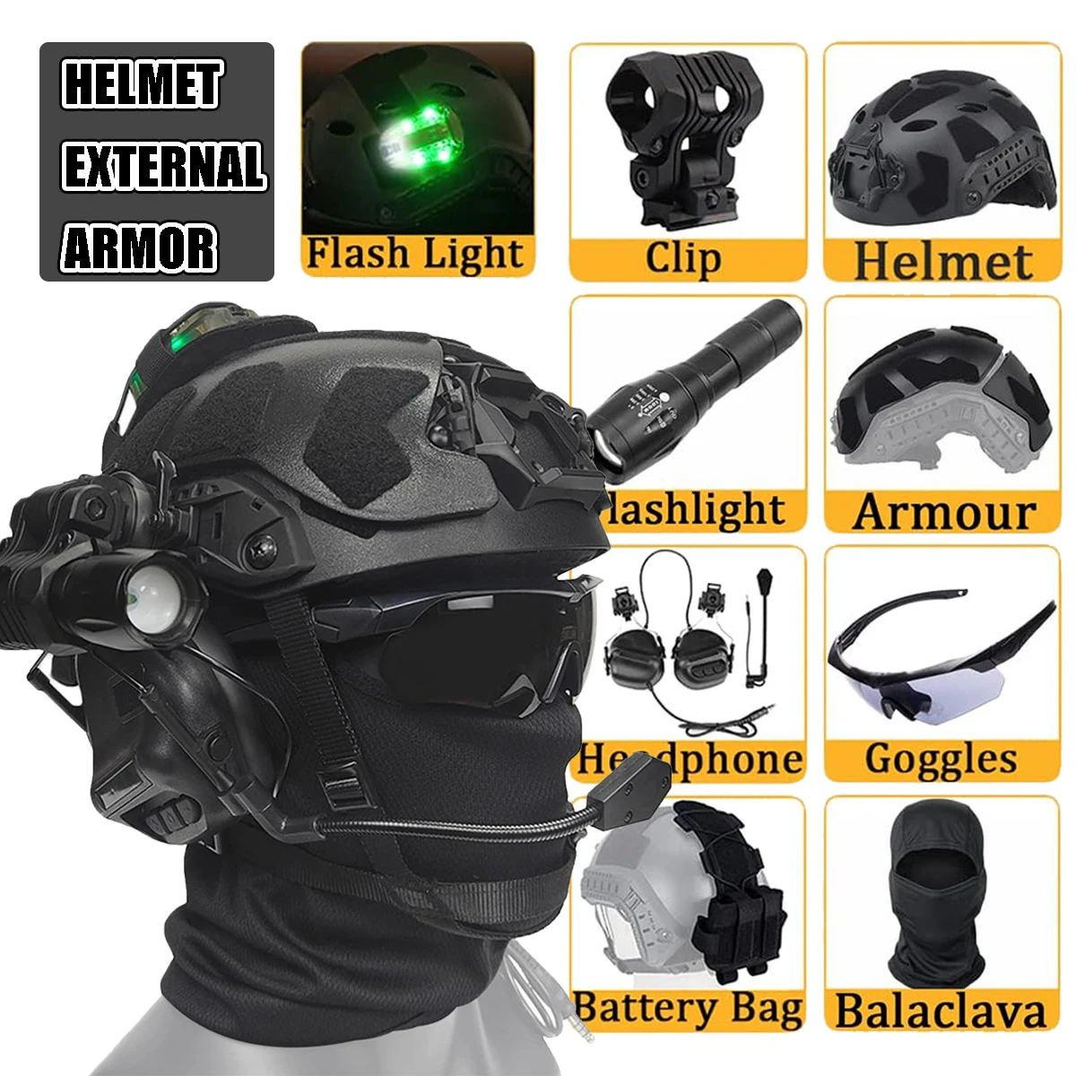 

Lightweight FAST Paintball Helmet with External Armor with Tactical Headphones Flashlight Goggles Balaclava for Hunting CS Game