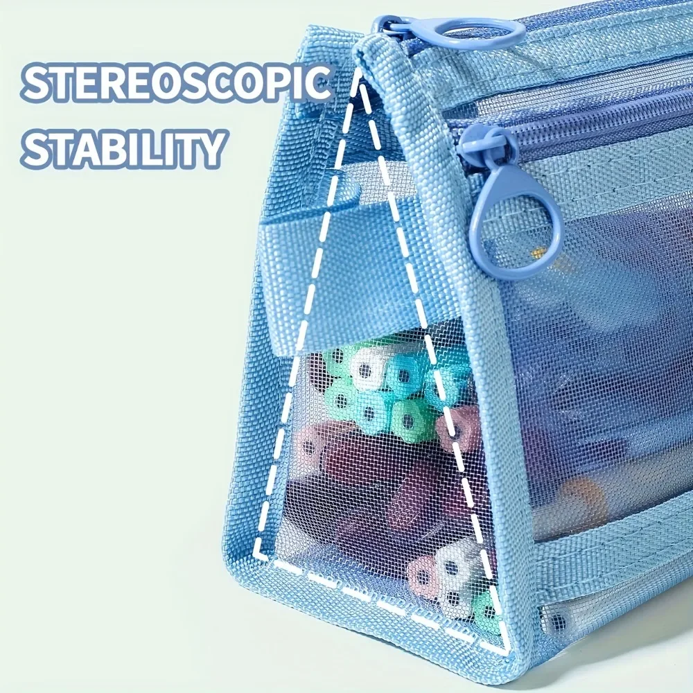 Trousse à crayons en maille Morandi de rangement de bureau avec poignée et fermeture éclair, joli sac de rangement de papeterie Transparent