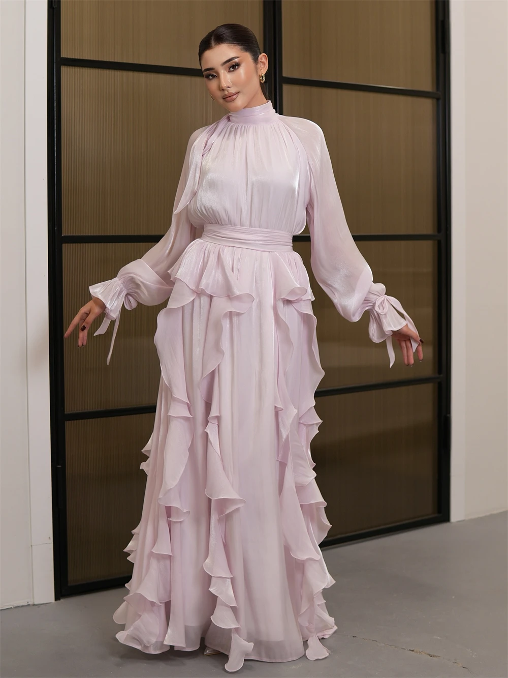 

Customized See Through Pink Chiffon Evening Dresses Exquisite Long Sleeves Homecoming Dresses Temperament Vestido De Festa