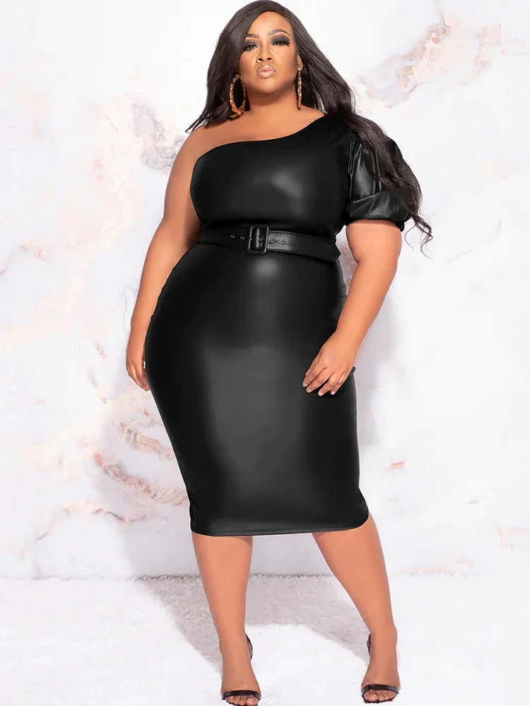 

Plus Size Women One Sleeve Matte Leather Dress 9XL Stretch PU Strapless Midi Dress Back Hem Split 6XL Ladies Bodycon Dress Party