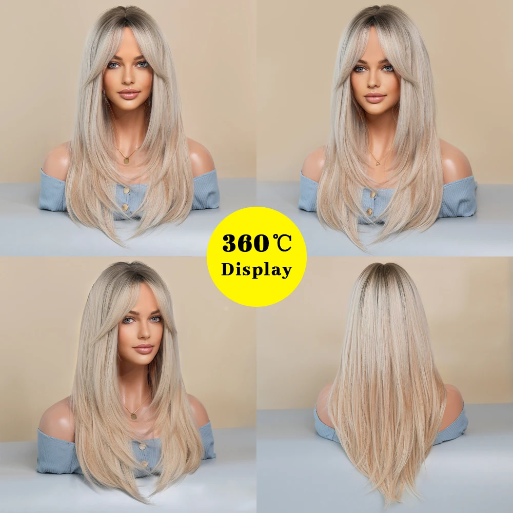 Long Blonde Wigs for Women Synthetic Hair Wig with Fringe Ombre Color with Dark Roots Layered Wigs Heat Resistant Fake Hair