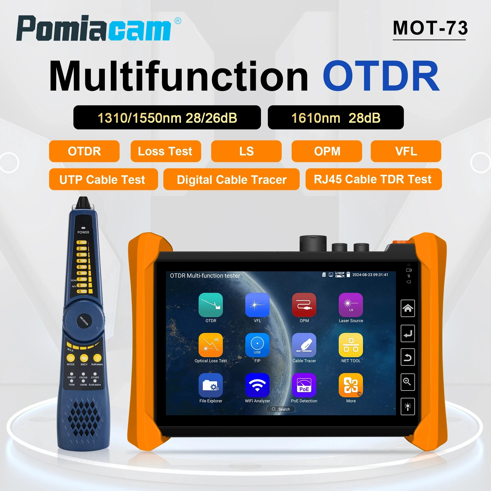 MOT-73 7 inch  Multi-Function OTDR Fiber Tester Optic Reflectometer 1310/1550nm 1610nm with OPM VFL LS UTP LAN Event Map
