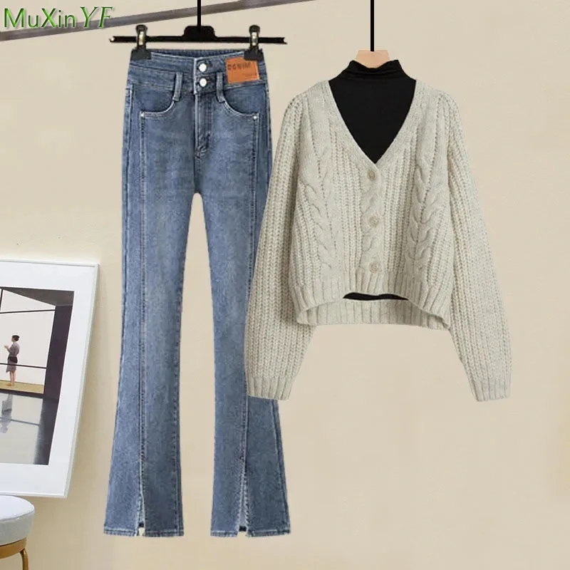 

Women Autumn Winter Undershirt Sweater Coats Denim Pants 1 or 3 Piece Set Lady Basic Joker Black Tops Knit Jacket Jeans Suits