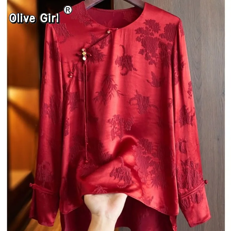 Olivegirl Red Shirt Blouse Women's Top Retro Breasted Button Jacquard High-end Long Sleeves New Year 2026 Chinese Clothing
