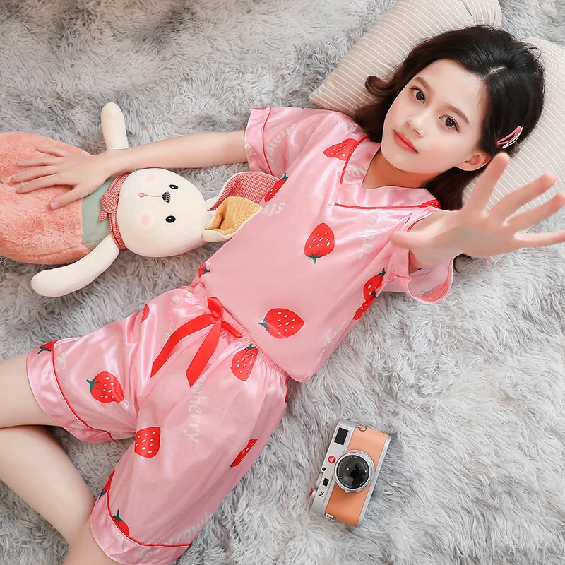 2pcs Infant Baby Boy Girl Pajamas Silk Satin Top Pajama Sets For Girls Sleepwear Top Pants Suit Pink Long/Short Children Pyjamas