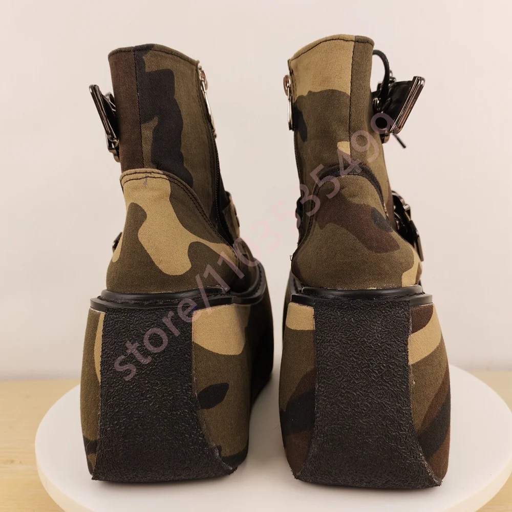 Tank Belt Buckle Camouflage Short Boots 2025 New Round Street Style Lace-Up Wedge Heel Boots Fashion Party Casual Stage Boots image 4