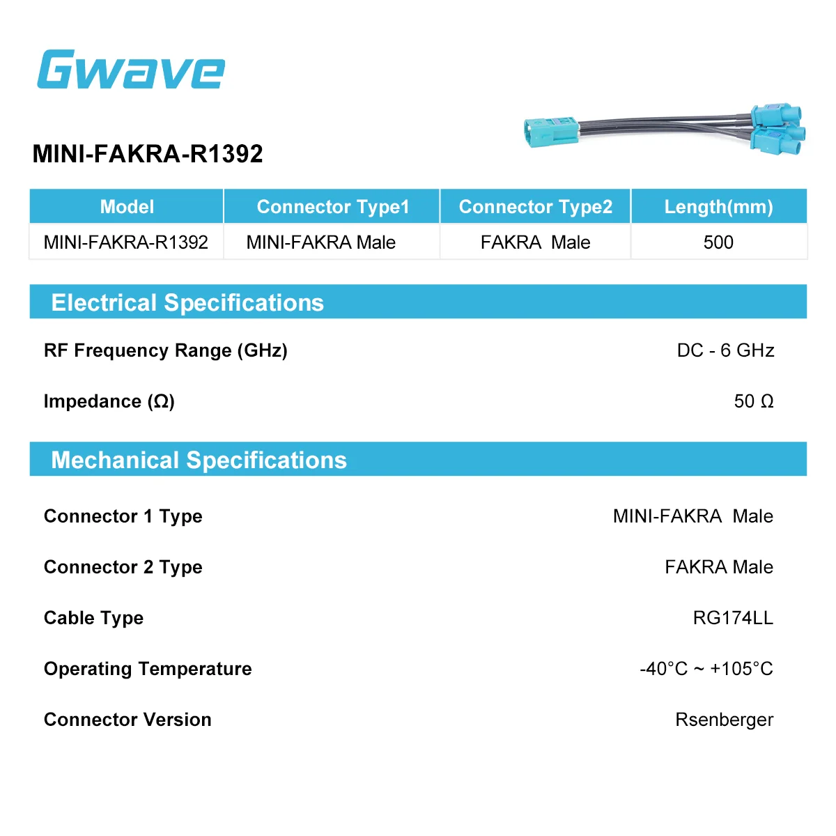 MINI-FAKRA Male FAKRA Male Cable 50 Ohm RoHS Compliant RG174LL DC-6GHz 500mm Length MINI-FAKRA-R1392 (Gwave) Stranded