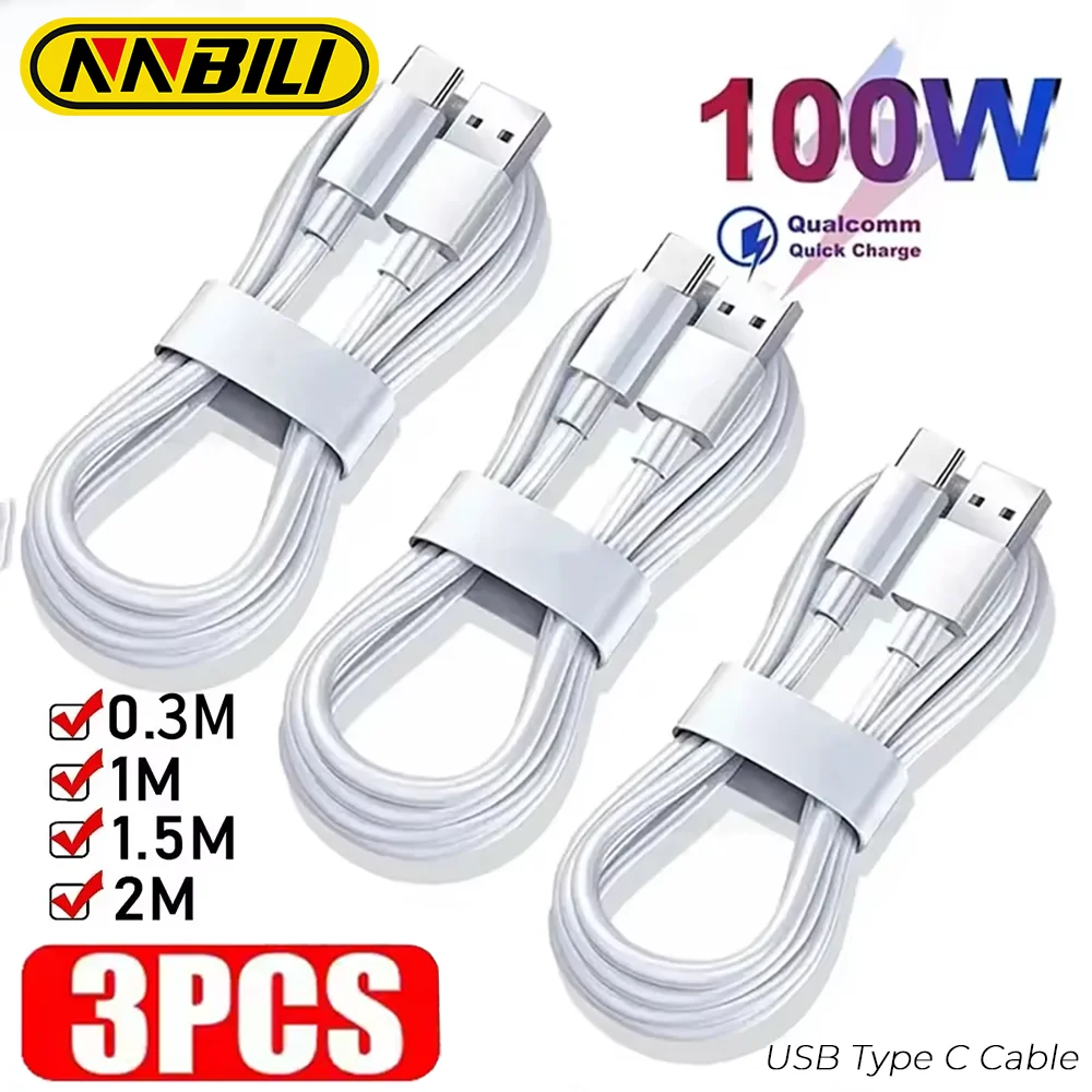 สายชาร์จเร็วพิเศษ NNBILI 1-3 ชิ้น แบบ USB Type C สำหรับ Samsung Huawei Xiaomi Redmi สายชาร์จเร็ว USB C