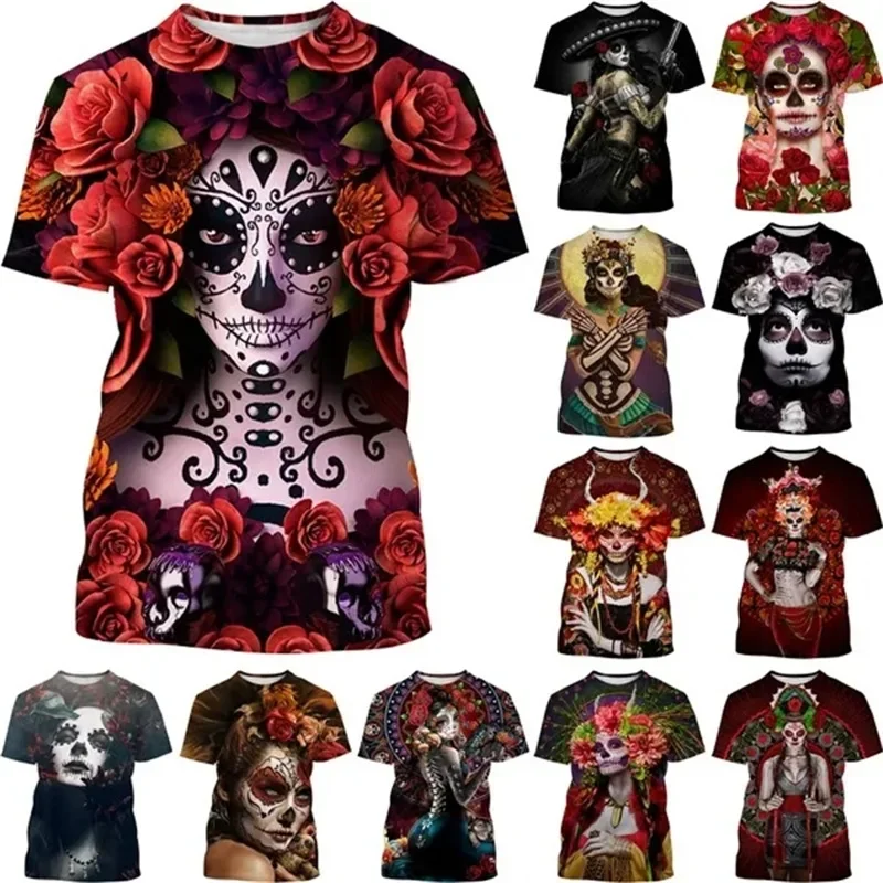 Men Casual Short-sleeved Tee Tops Mexico Day of The Dead Streetwear Tshirt Full Print Mexican Katrina Girl Graphic T Shirts