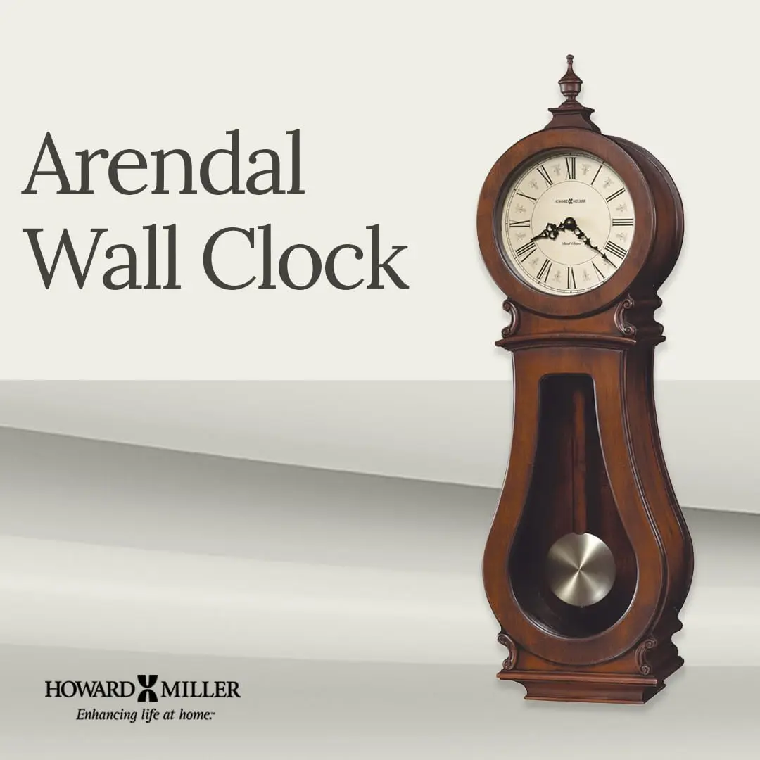 Howard Miller Arendal Wall Clock, Wooden Finish with Stick Pendulum, Quartz Dual-Chime Movement, Volume Control, Roman Numerals,