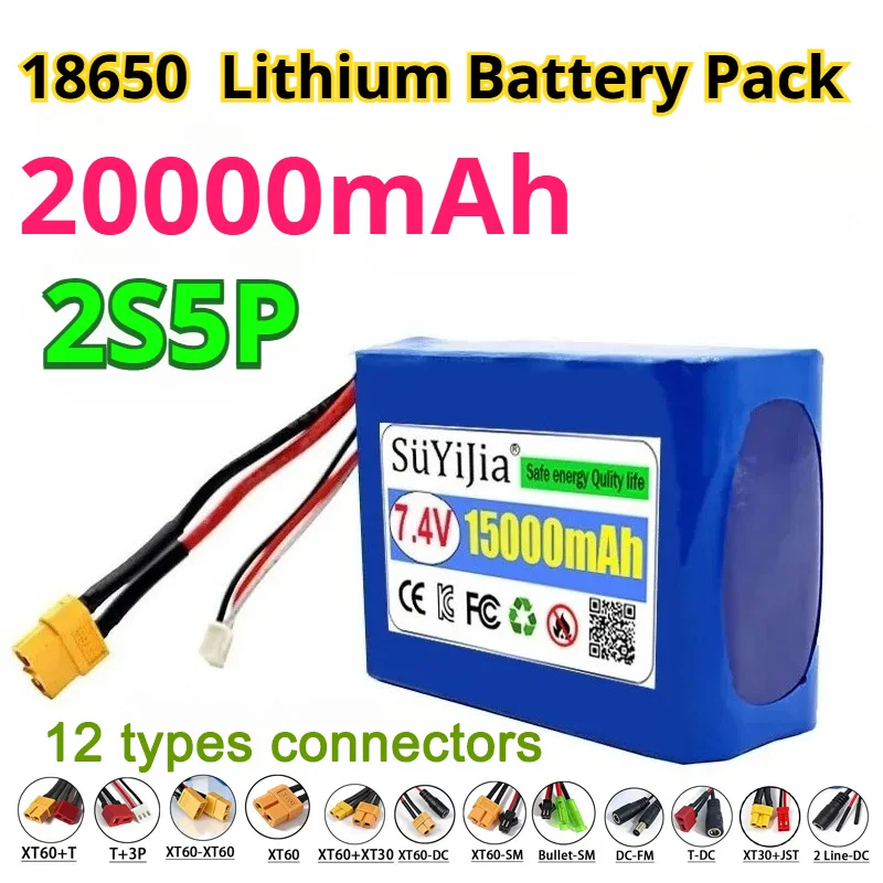 

DIY 2S5P 7.4V 20000mAh 18650 Rechargeable Lithium Battery Pack Built-in BMS Large Capacity with 12 Various Connectors