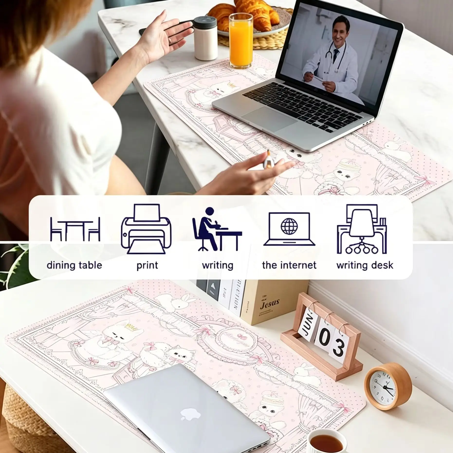 Leather Desk Pad Protector Y2k Pink Kitten Strawberry Cake Bunny Cat ins Mouse Pad Office Desk Mat Non-Slip PU Desk Blotter Pad
