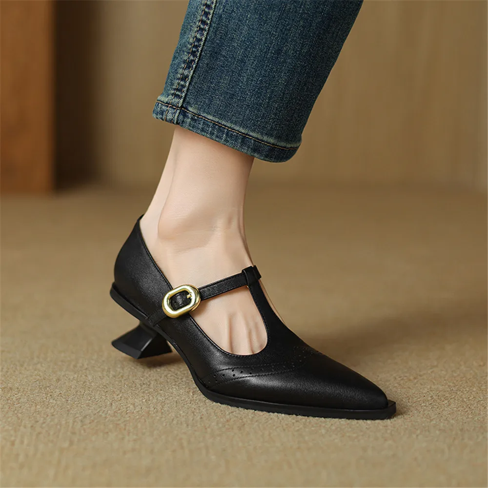 FEDONAS Retro Women Genuine Leather Pumps Sexy Pointed Toe T-strap Office Pumps 2024 New Women Spring Autumn Pumps Shoes