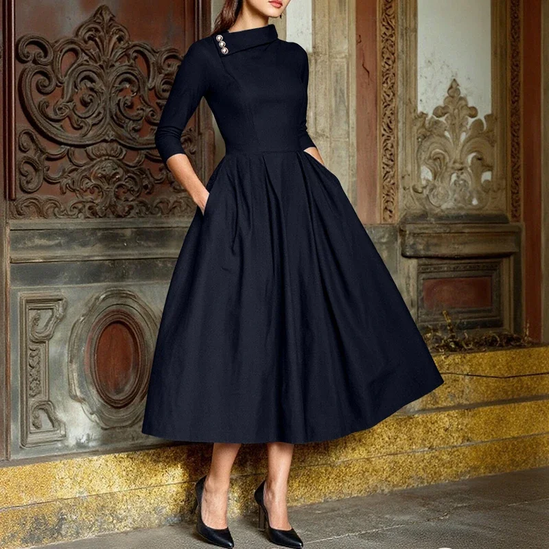 Frauen Vestidos ZANZEA Elegante Lange Kleider 2026 Sommer Frühling Casual A-Line Mode Tasten Revers Einfarbig Midi Sommerkleid Robe